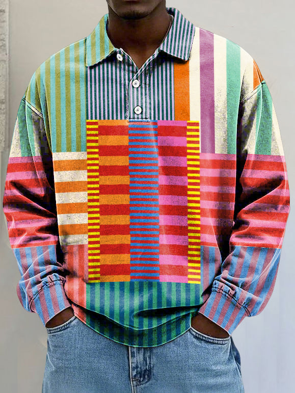 Men's Retro Abstract Geometric Art Print Lapel Long Sleeve Polo Shirt