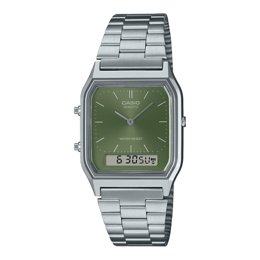 Casio AQ230 Vintage Silver Watch with Green Dial: AQ230A-3A