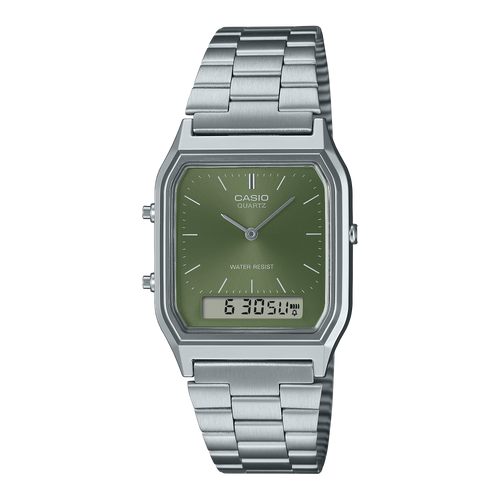 Casio AQ230 Vintage Silver Watch with Green Dial: AQ230A-3A