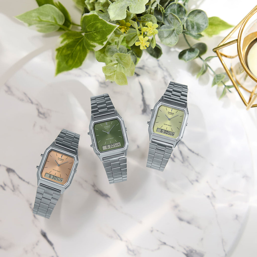 Casio AQ230 Vintage Silver Watch with Green Dial: AQ230A-3A