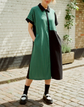 Up to 4XL - Distinctive Summer Green Striped Patchwork Cotton Asymmetrical Shirt Dress