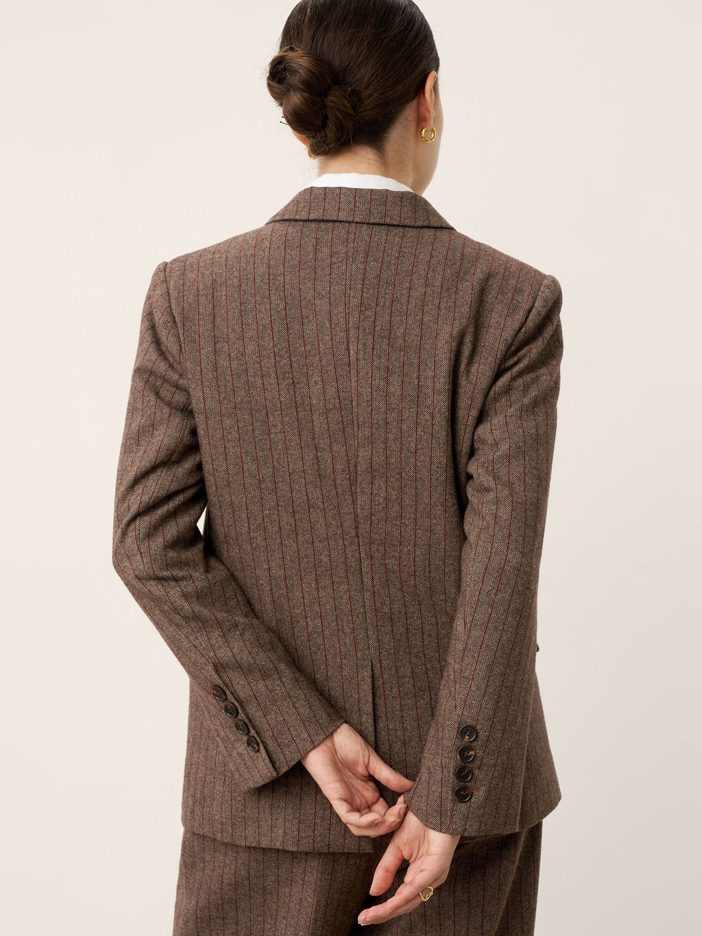 Up to 2XL - Brown Wool Striped Notched Lapel Suit Blazer by DAPHNE
