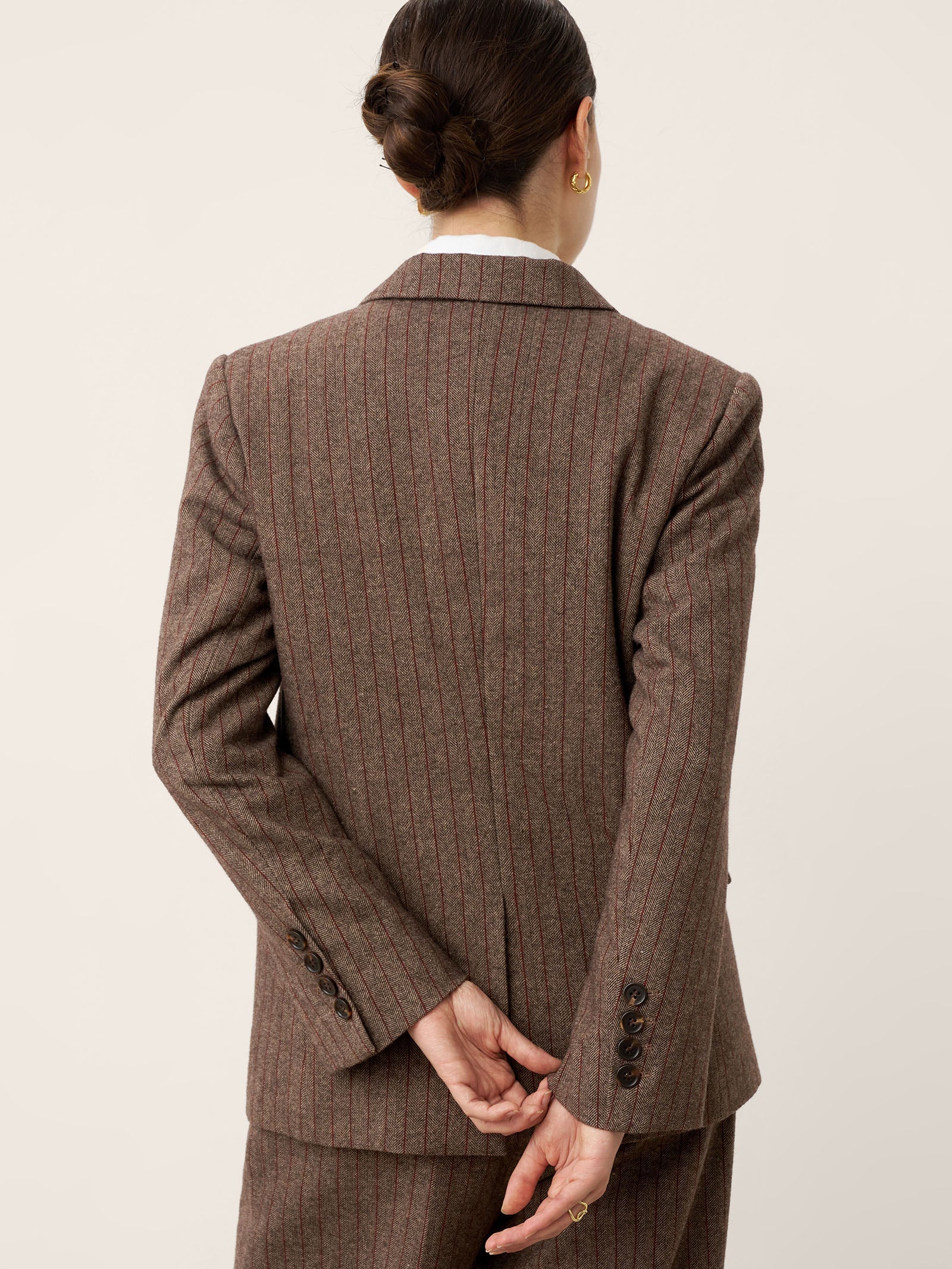 Up to 2XL - Brown Wool Striped Notched Lapel Suit Blazer by DAPHNE