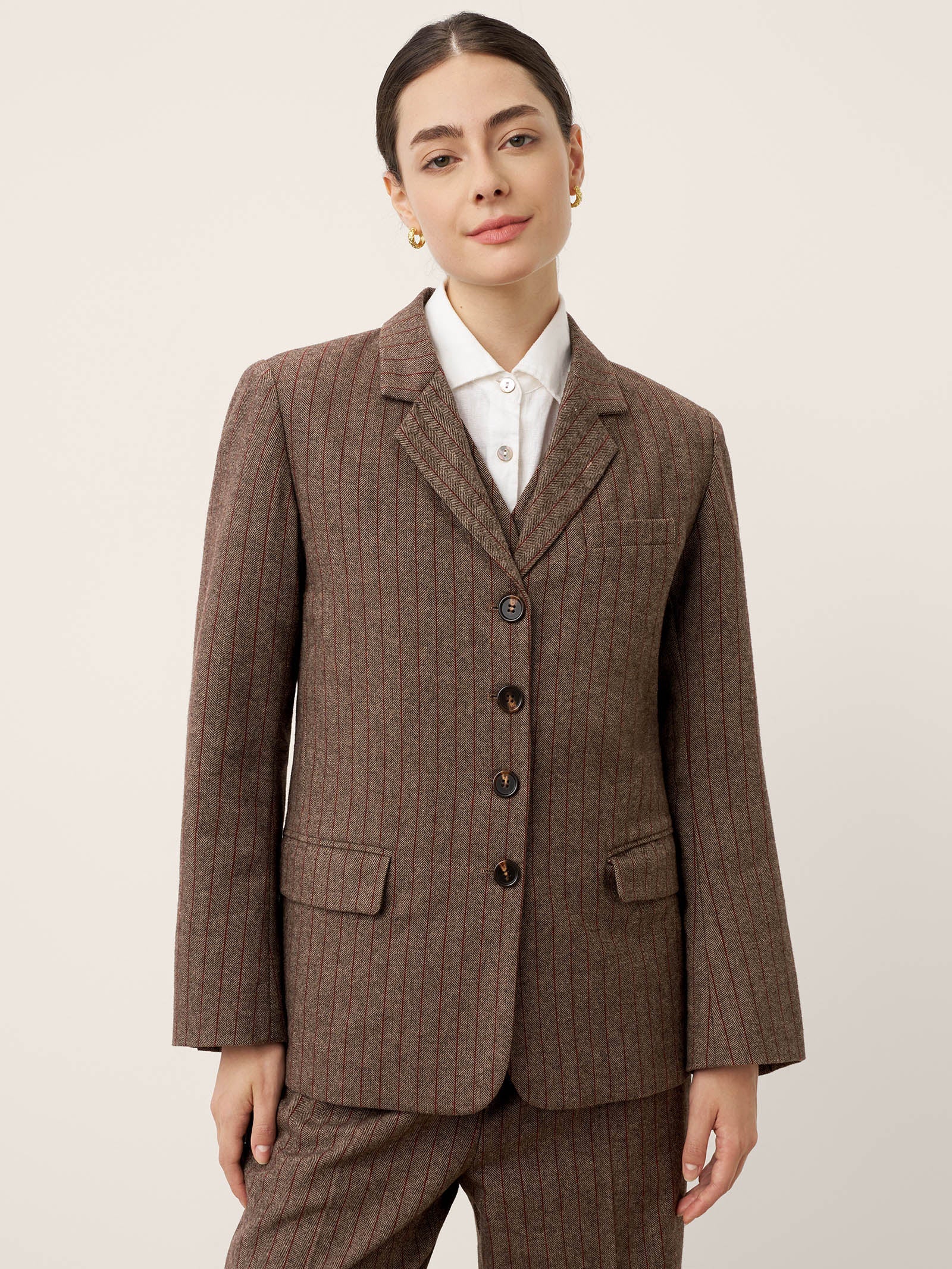 Up to 2XL - Brown Wool Striped Notched Lapel Suit Blazer by DAPHNE