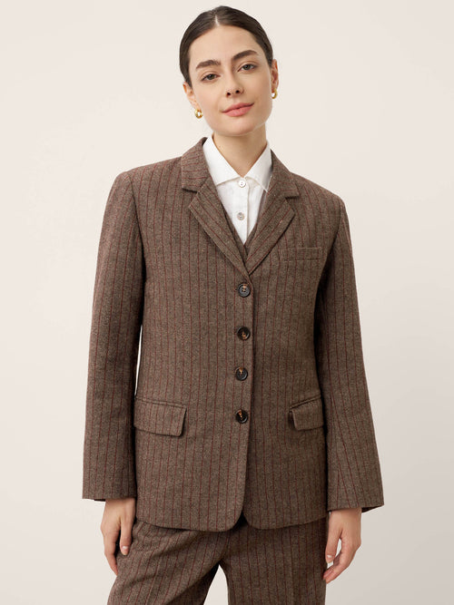 Up to 2XL - Brown Wool Striped Notched Lapel Suit Blazer by DAPHNE