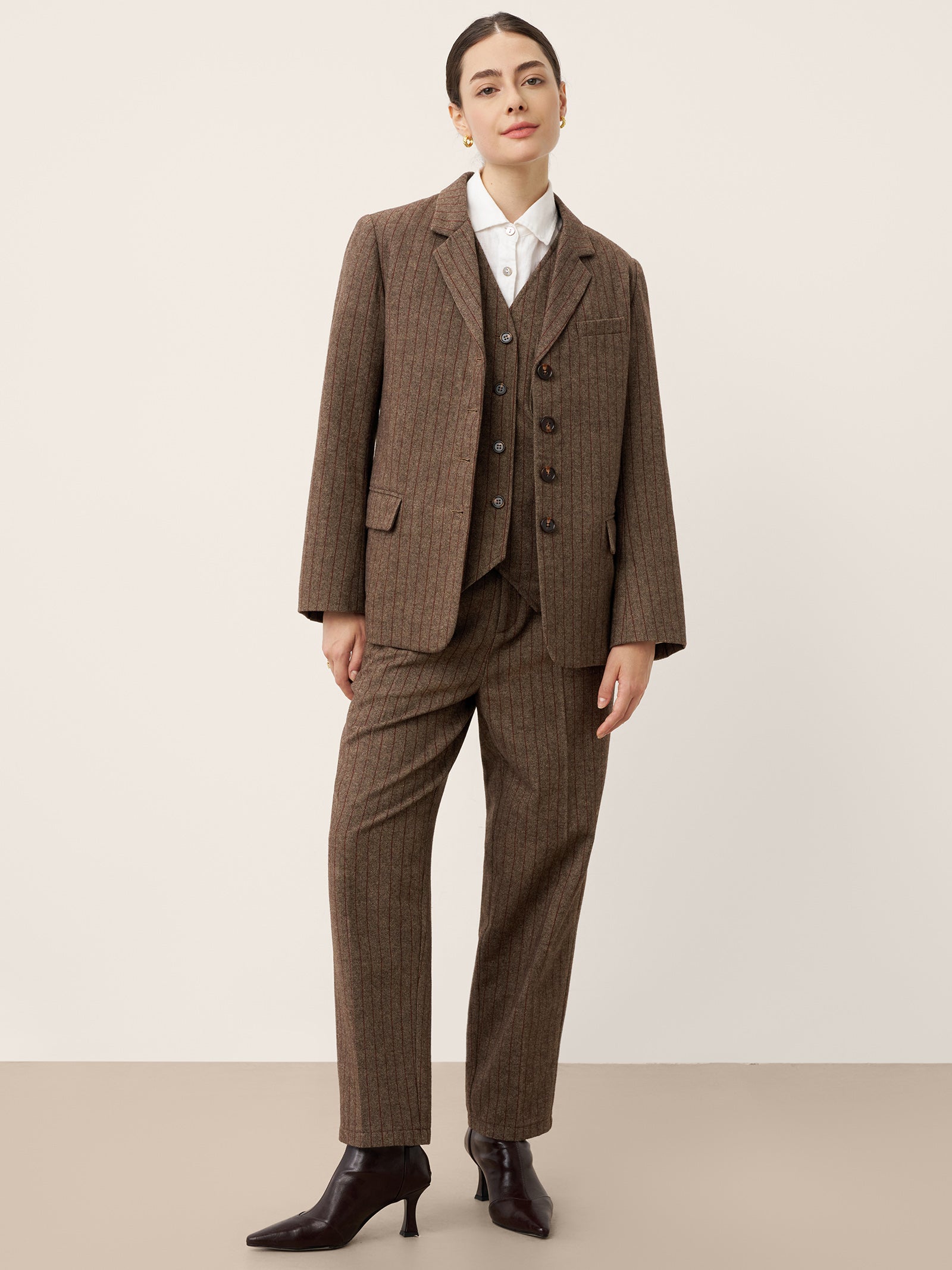 Up to 2XL - Brown Wool Striped Notched Lapel Suit Blazer by DAPHNE