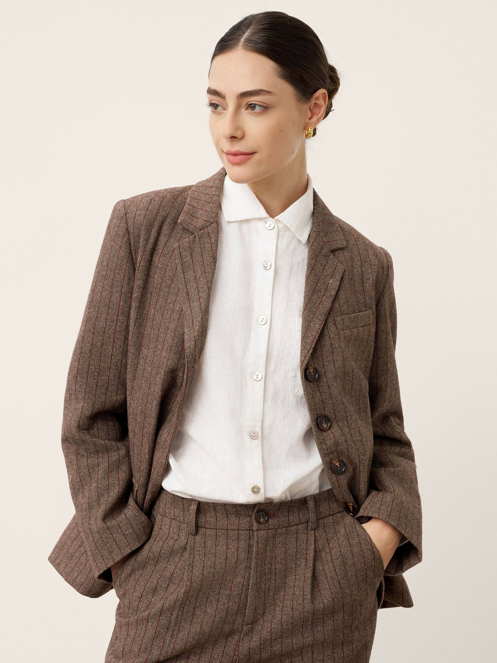 Up to 2XL - Brown Wool Striped Notched Lapel Suit Blazer by DAPHNE