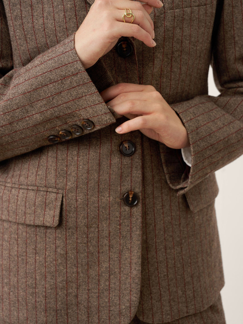 Up to 2XL - Brown Wool Striped Notched Lapel Suit Blazer by DAPHNE