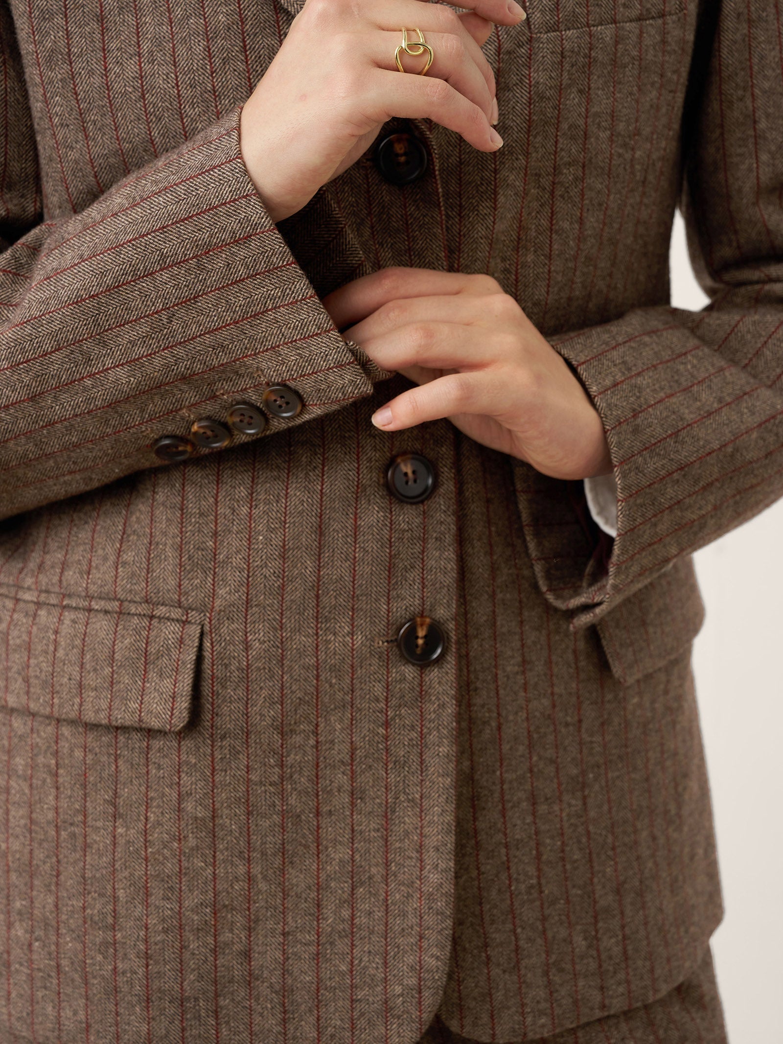 Up to 2XL - Brown Wool Striped Notched Lapel Suit Blazer by DAPHNE