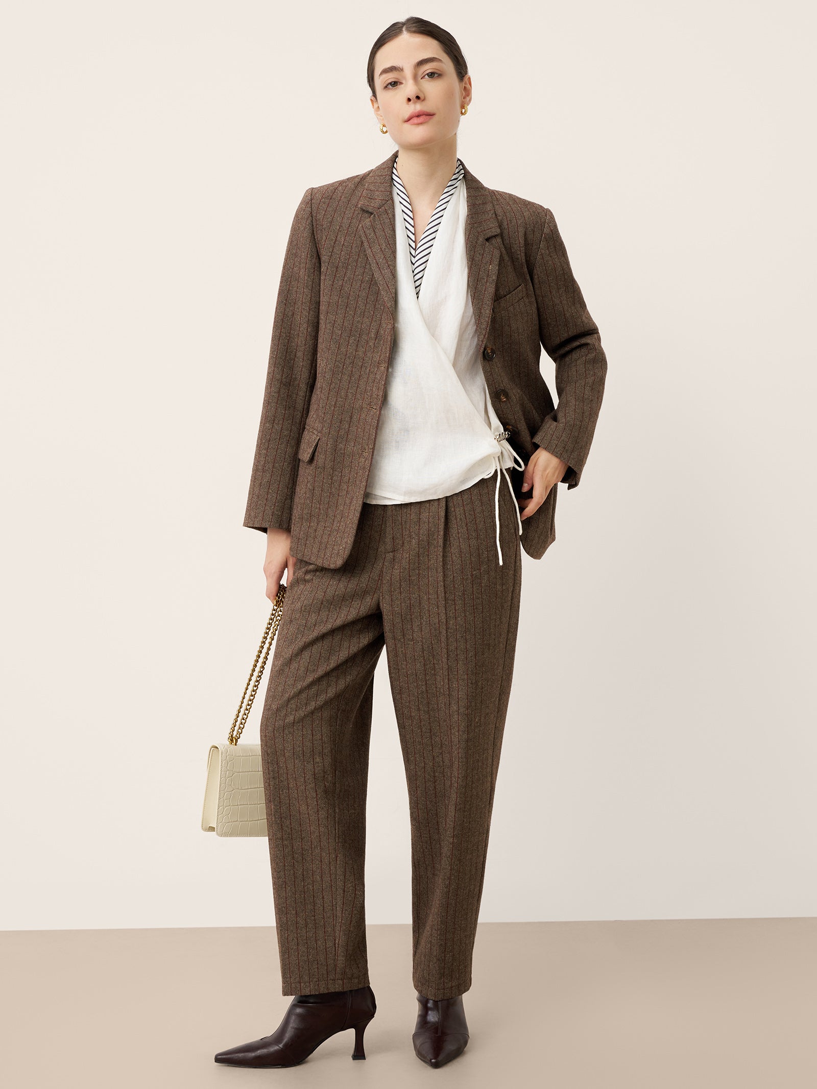 Up to 2XL - Brown Wool Striped Notched Lapel Suit Blazer by DAPHNE