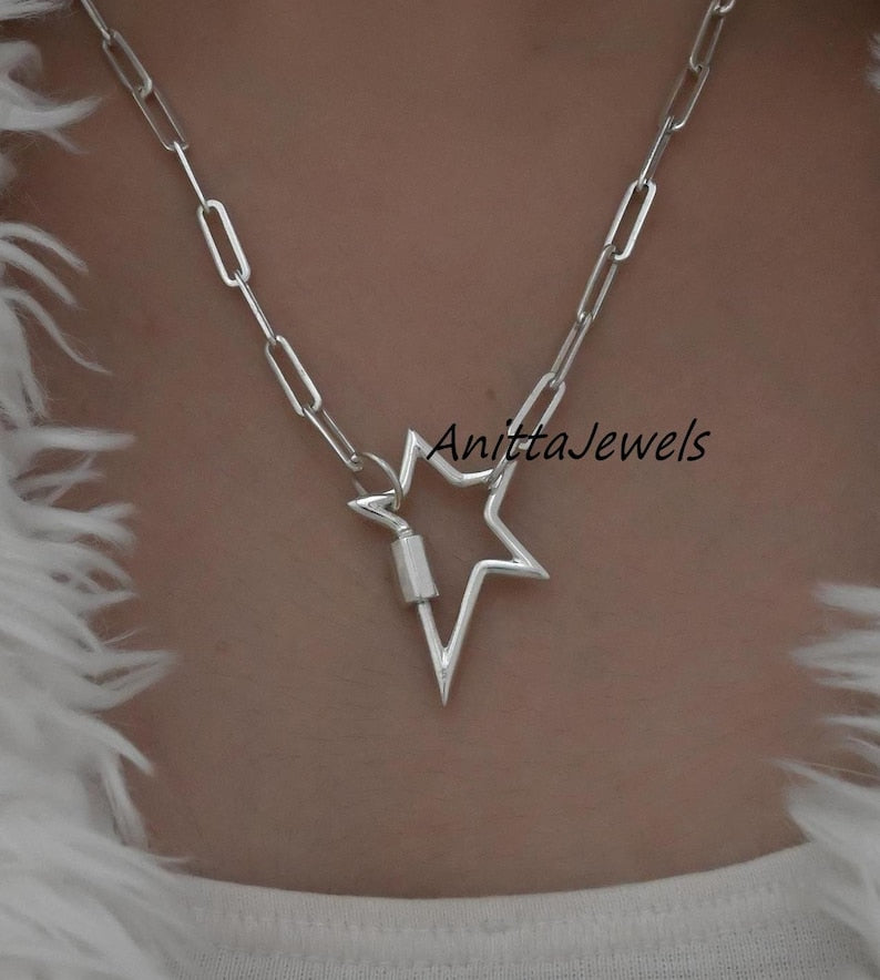 925 Silver Star Carabiner Necklace: Handmade Silver Lock