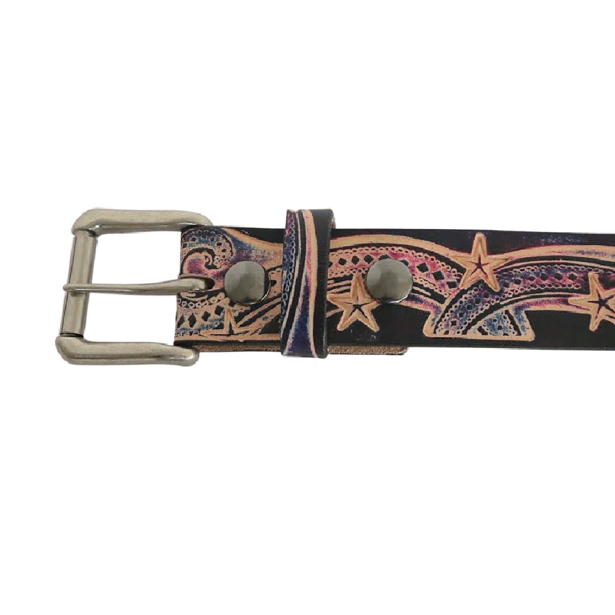 Belt With Stars - Leather Belt Snap On Buckle - Western Leather Belt Tooled - Belt With Snaps - Star Pattern - Country Western - Star Print