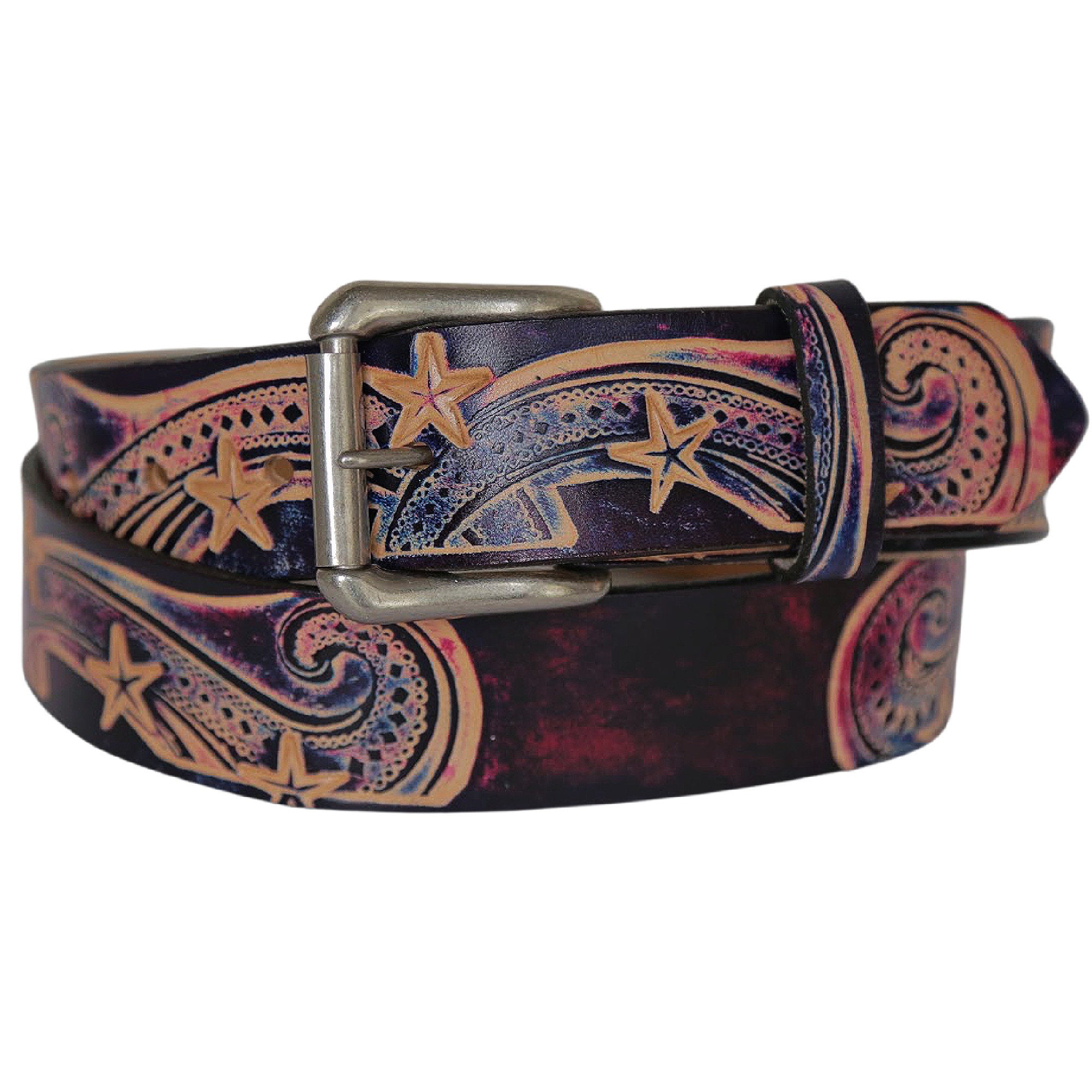 Belt With Stars - Leather Belt Snap On Buckle - Western Leather Belt Tooled - Belt With Snaps - Star Pattern - Country Western - Star Print