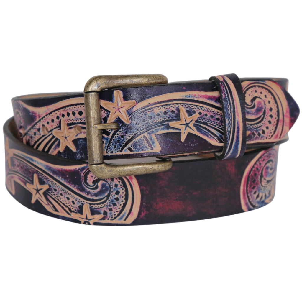 Belt With Stars - Leather Belt Snap On Buckle - Western Leather Belt Tooled - Belt With Snaps - Star Pattern - Country Western - Star Print