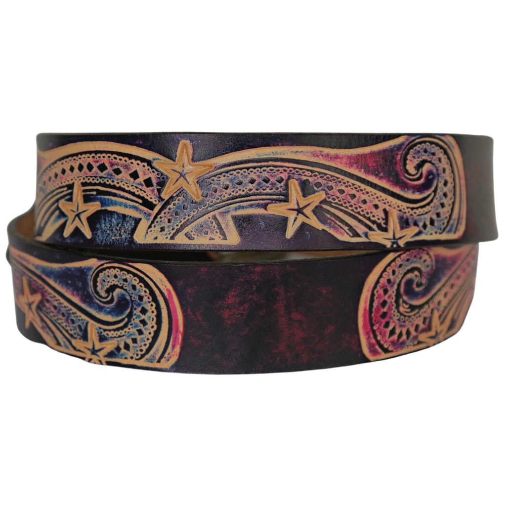 Belt With Stars - Leather Belt Snap On Buckle - Western Leather Belt Tooled - Belt With Snaps - Star Pattern - Country Western - Star Print