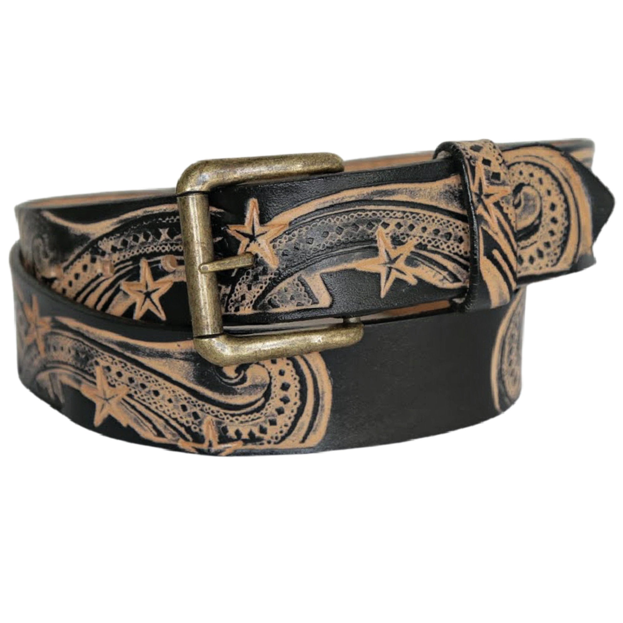 Belt With Stars - Leather Belt Snap On Buckle - Western Leather Belt Tooled - Belt With Snaps - Star Pattern - Country Western - Star Print