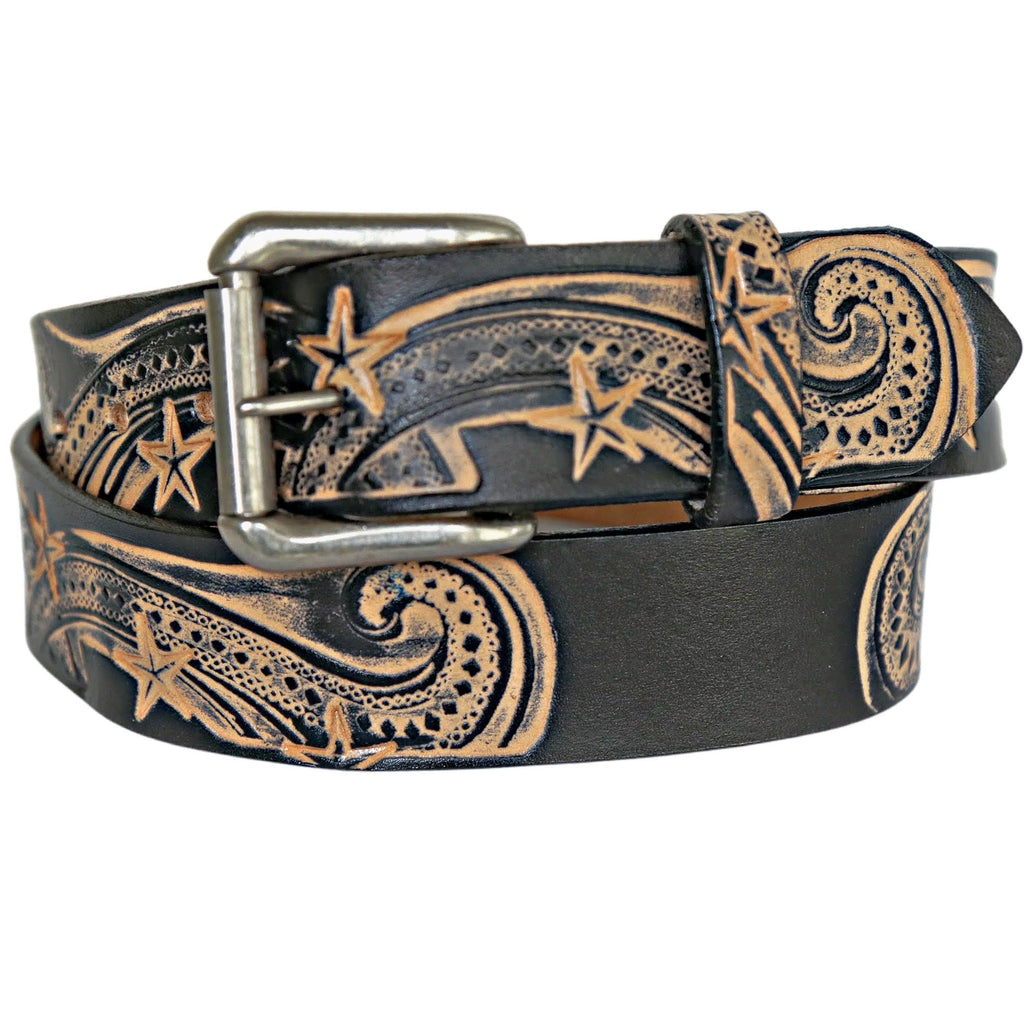 Belt With Stars - Leather Belt Snap On Buckle - Western Leather Belt Tooled - Belt With Snaps - Star Pattern - Country Western - Star Print