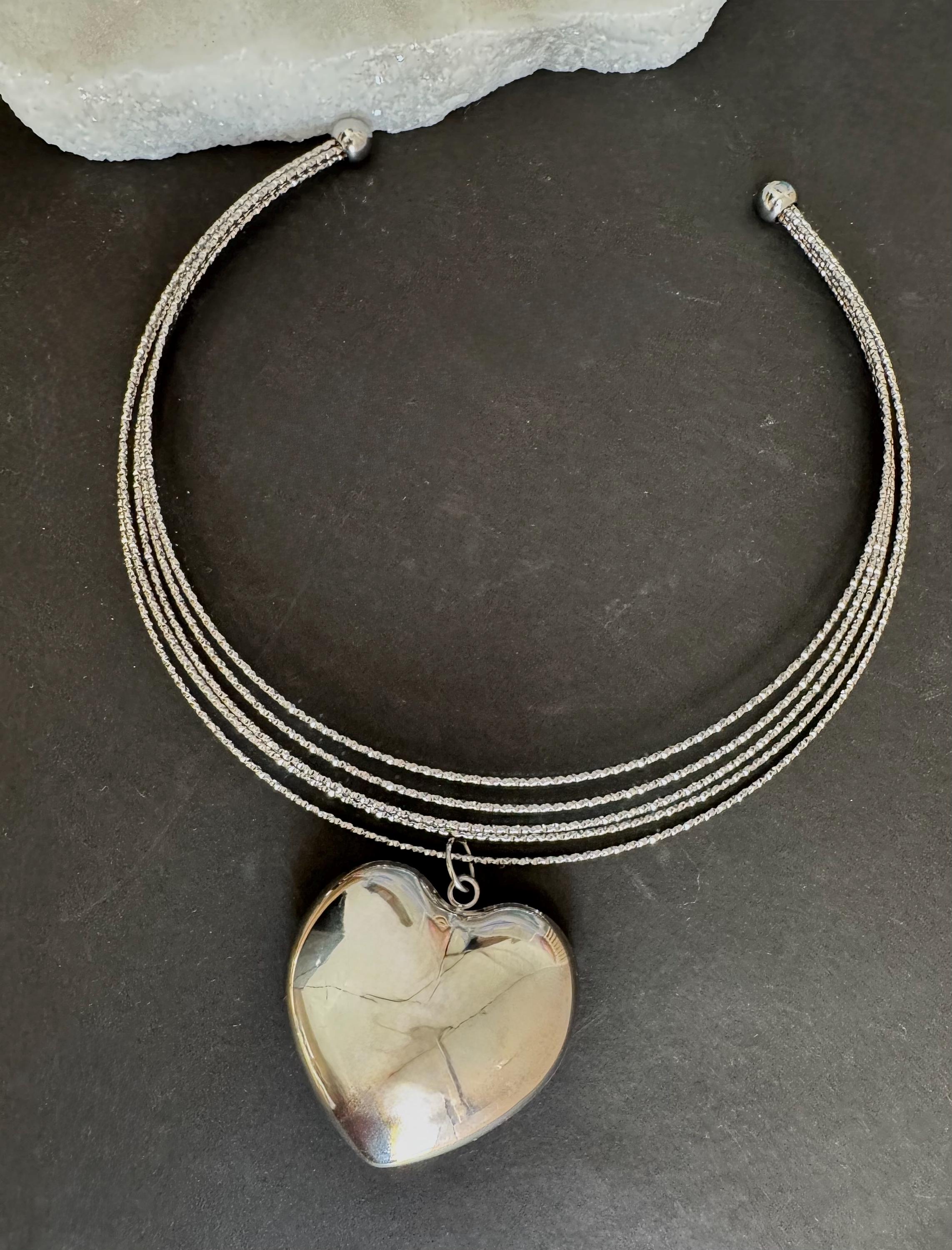 Silver tone collar Necklace with large puffy heart pendant: Chunky Statement stainless steel collar