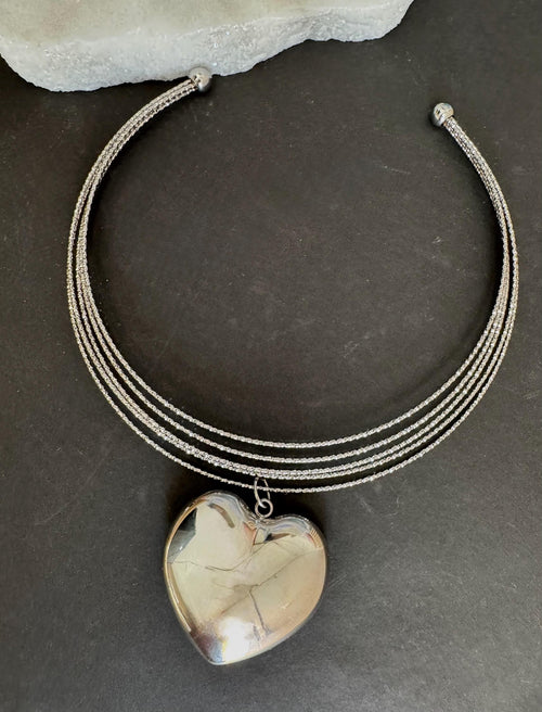 Silver tone collar Necklace with large puffy heart pendant: Chunky Statement stainless steel collar