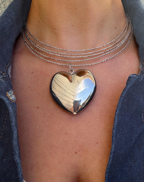 Silver tone collar Necklace with large puffy heart pendant: Chunky Statement stainless steel collar